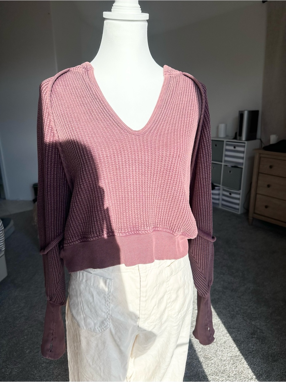 Waffle-Knit V-Neck Sweater in Dusty Rose